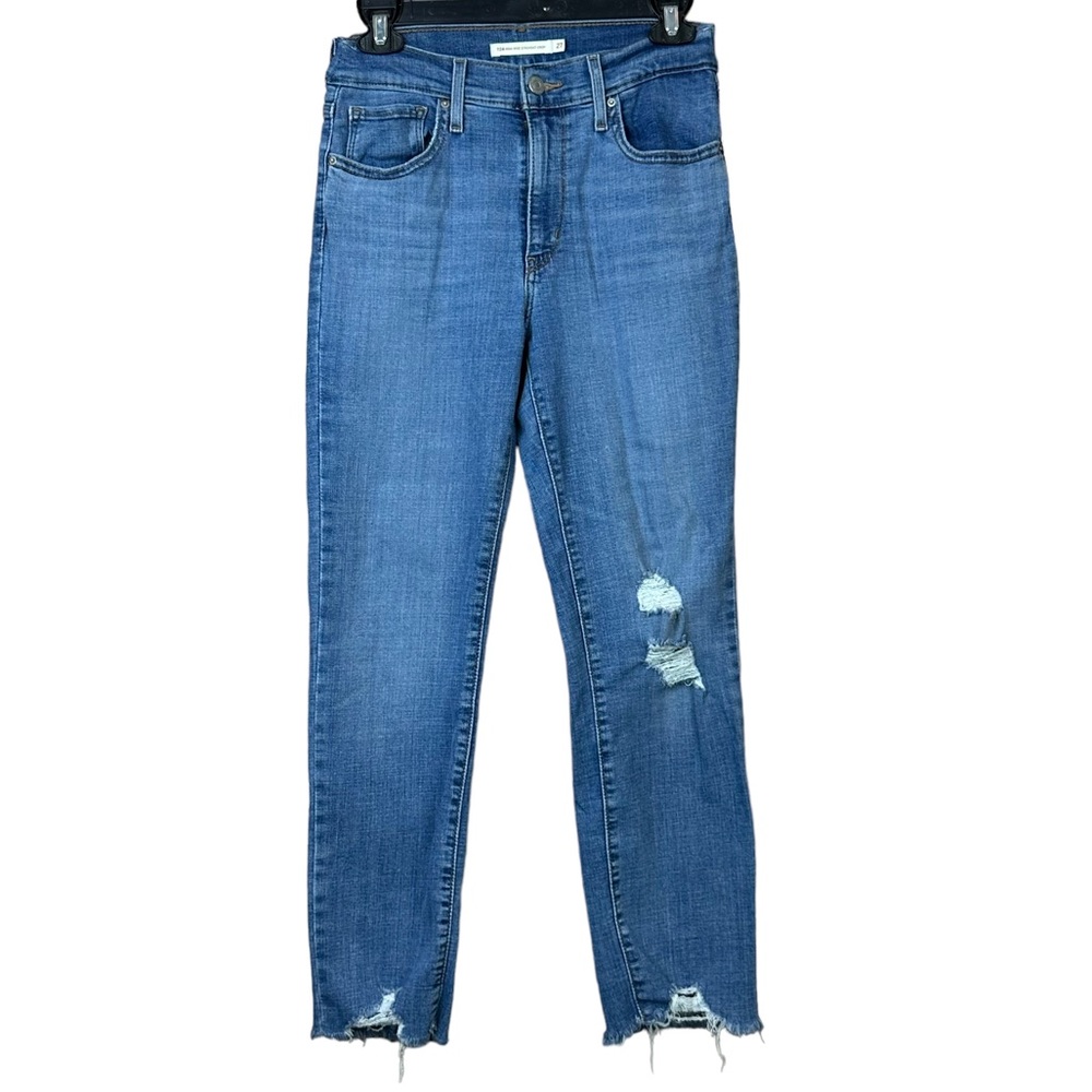Levi’s 724 High Rise Straight Crop Blue Denim Distressed Jeans Women Sz 27